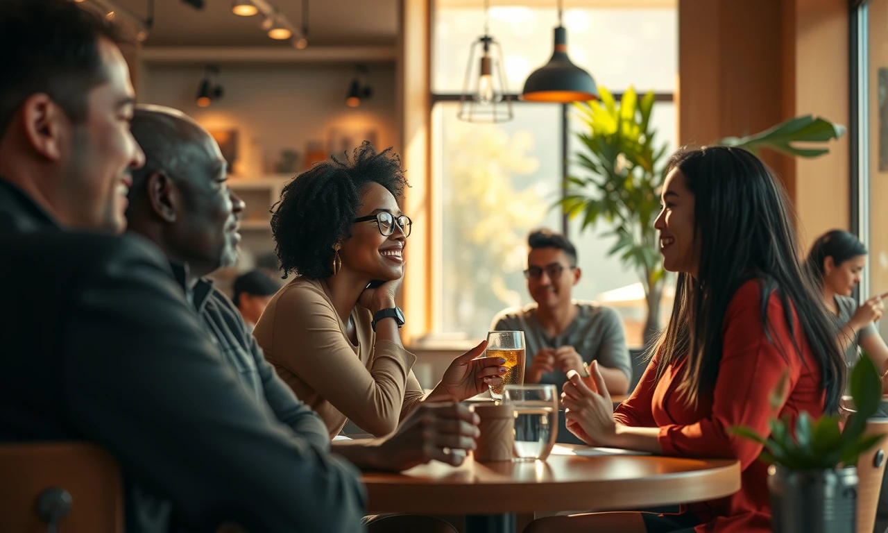 Diverse group displaying positive body language and genuine engagement in a welcoming café environment