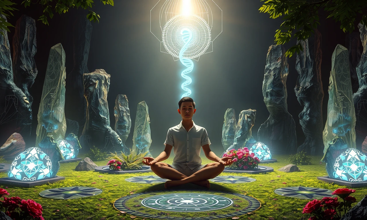 Sacred geometry illustration depicting the scientific process of personal transformation through mindful practices and neural pathway development