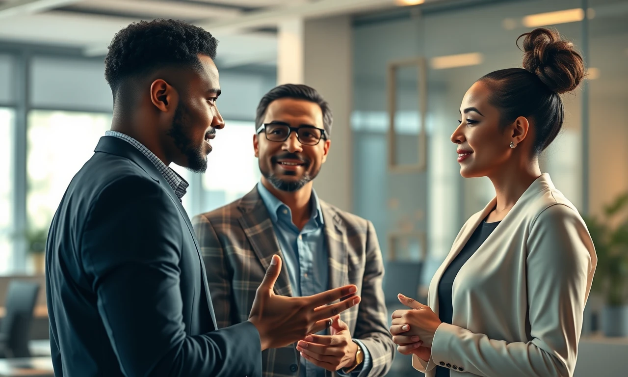 Three professionals demonstrating masterful communication dynamics through subtle non-verbal cues and attentive engagement