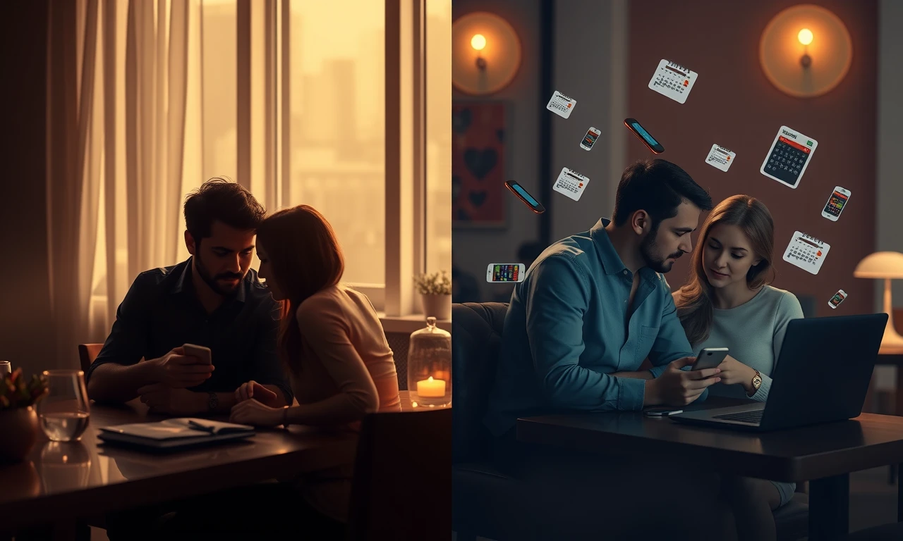 Modern relationship dynamics showcasing the balance between digital connectivity and personal intimacy in professional couples