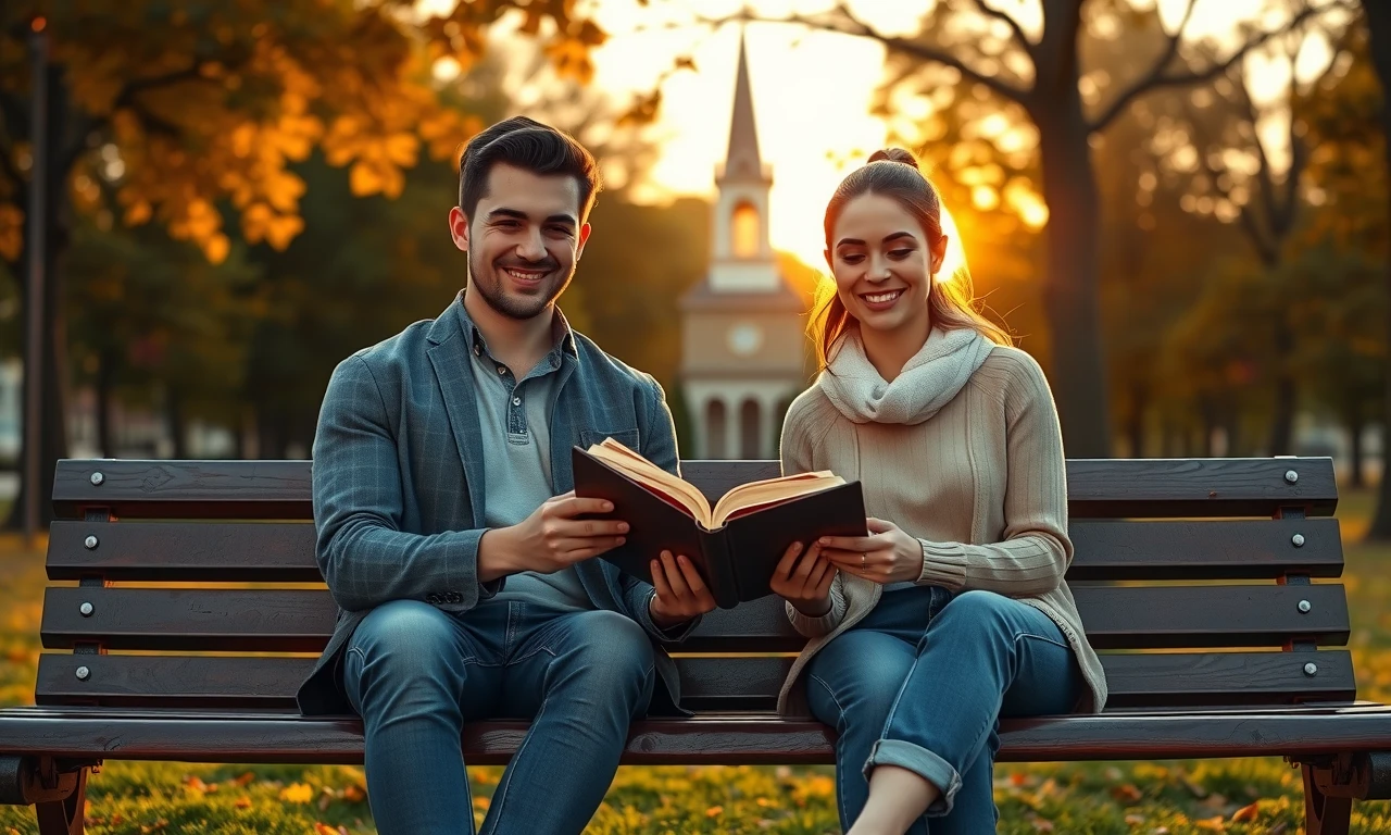 Young Christian couple sharing meaningful Bible study moment in a serene park setting, embodying modern faithful dating