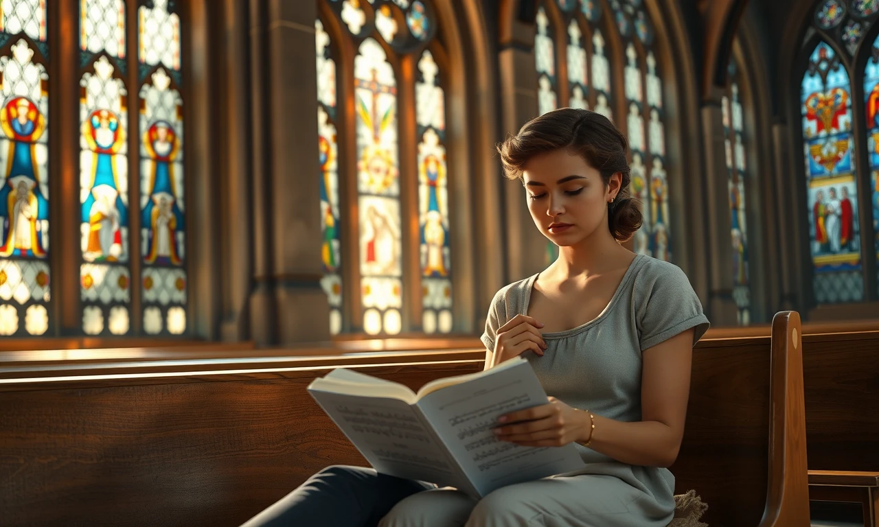 Young couple praying together in beautiful cathedral setting, representing spiritual connection in Christian dating