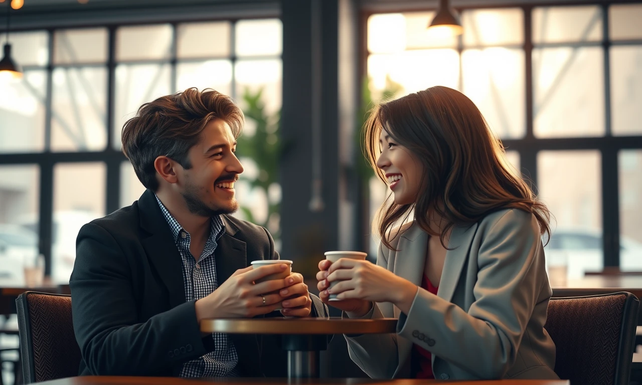 Couple demonstrating genuine connection and approachability during their first date at an intimate café setting