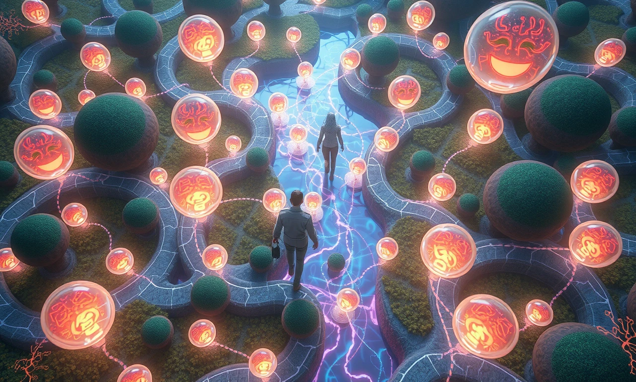 Ethereal illustration depicting the interconnected nature of emotional intelligence in relationships through luminescent neural pathways and emotional energy patterns