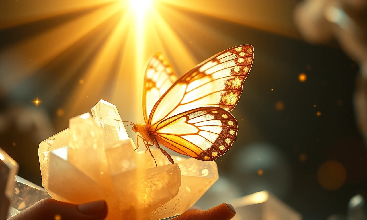 Ethereal butterfly emerging from crystal cocoon symbolizing healing and transformation after difficult relationships