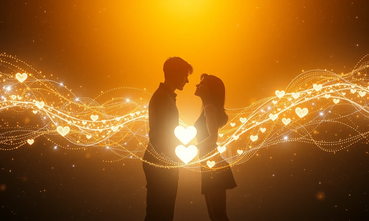 Two people connecting through ethereal streams of light, symbolizing meaningful online relationships and romantic possibilities