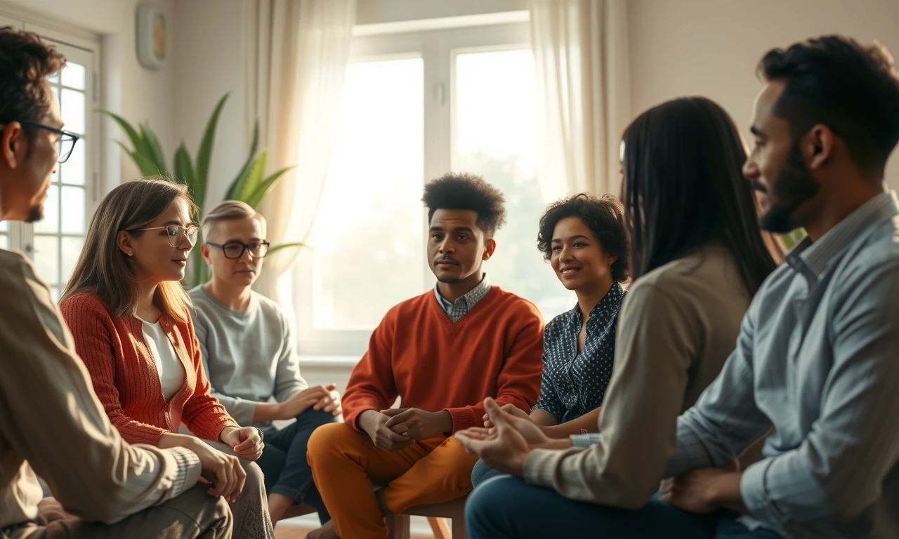 Diverse group practicing mindful communication and emotional intelligence in a supportive therapeutic setting