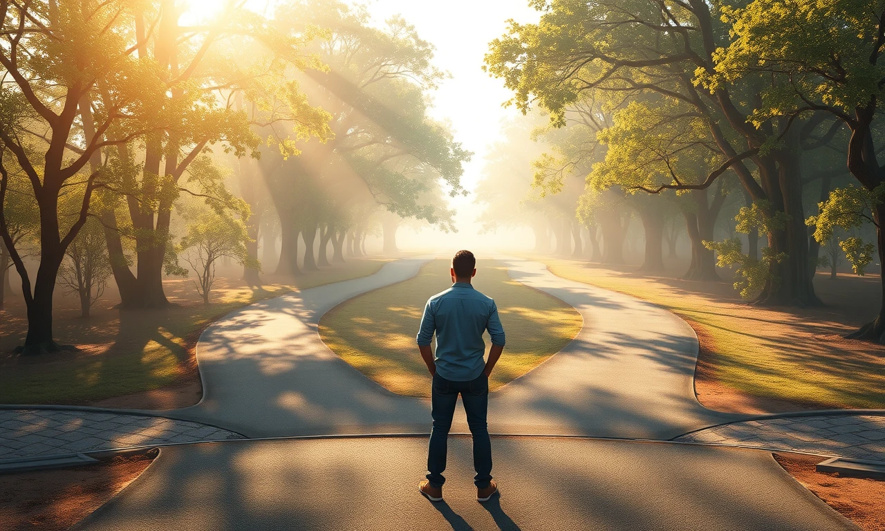 Modern man contemplating life paths and personal growth at symbolic crossroads