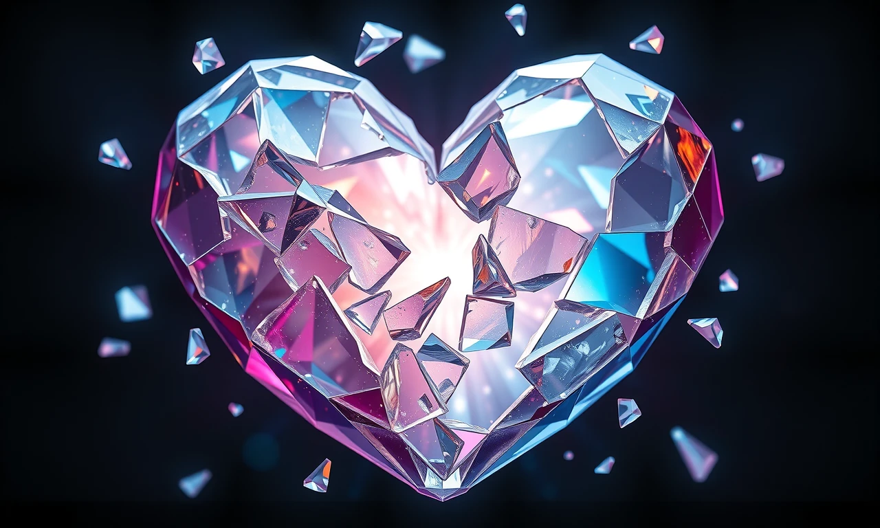 Surreal crystal heart shattering into illuminated fragments, symbolizing complex relationship dynamics and emotional boundaries