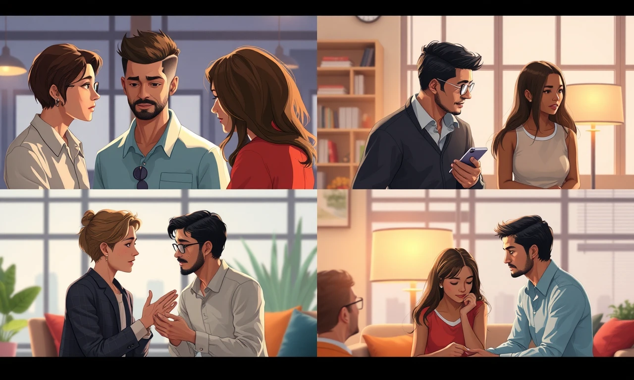 Multi-panel illustration showcasing authentic social scenarios and their resolutions through body language and facial expressions