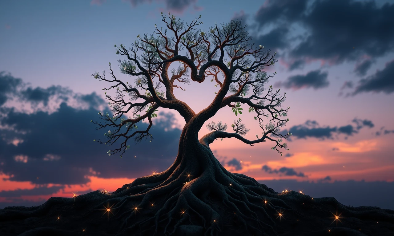 Symbolic illustration of trust and commitment through intertwined growing trees with ethereal elements