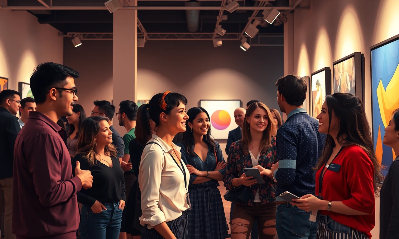 Young professionals naturally connecting through meaningful conversations at an art gallery event