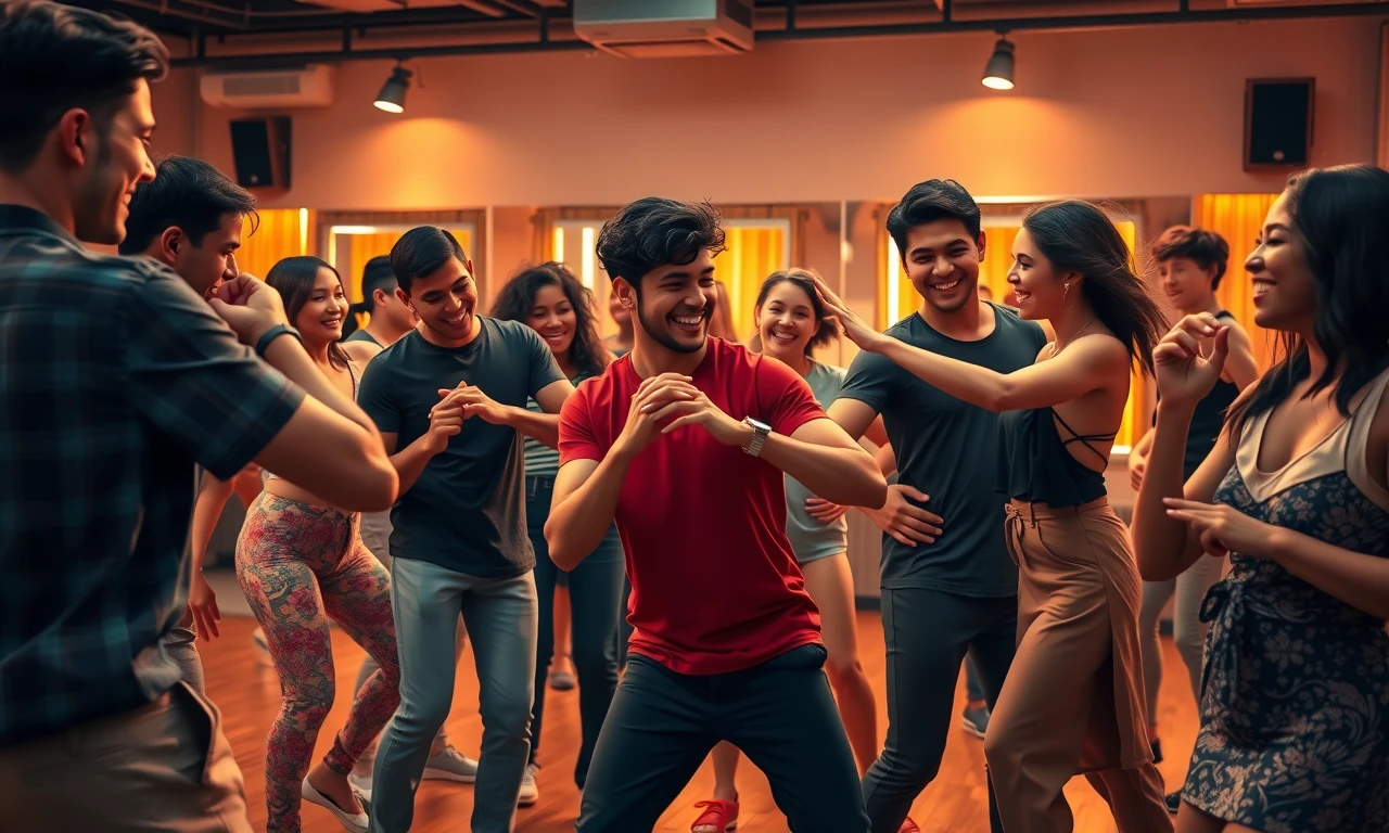 Young adults naturally connecting while learning dance moves in a vibrant studio setting