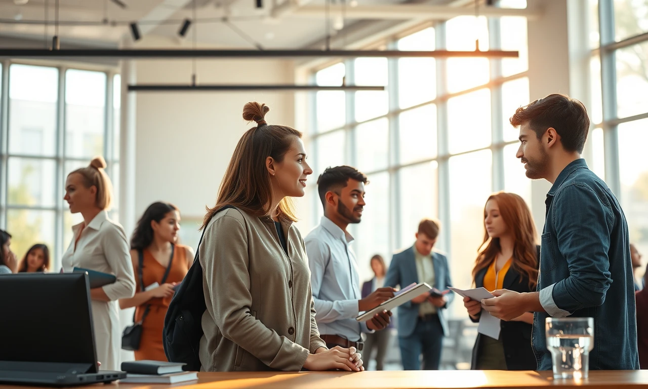 Young professionals naturally connecting through intellectual pursuits in a modern educational setting