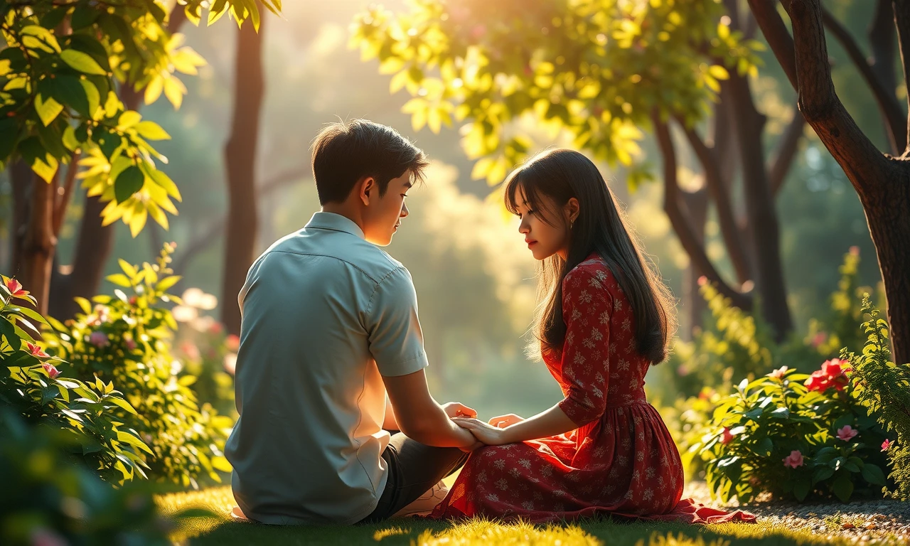 Couple demonstrating perfect harmony and mutual understanding in a peaceful garden setting