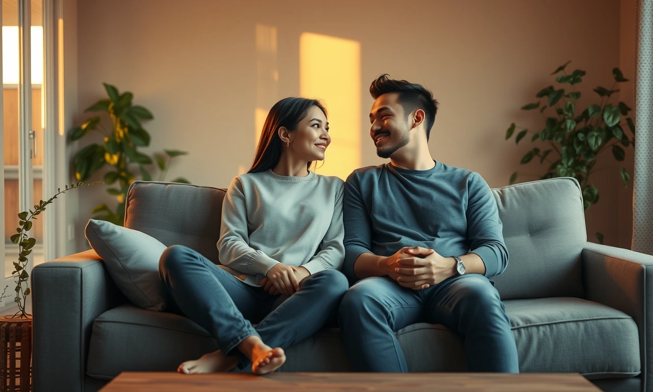 Couple sharing intimate moment during emotional discussion in cozy living room setting