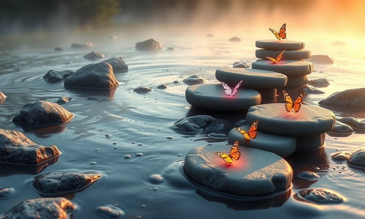 Artistic visualization of progressive healing strategies represented as illuminated stepping stones across a peaceful stream at dawn