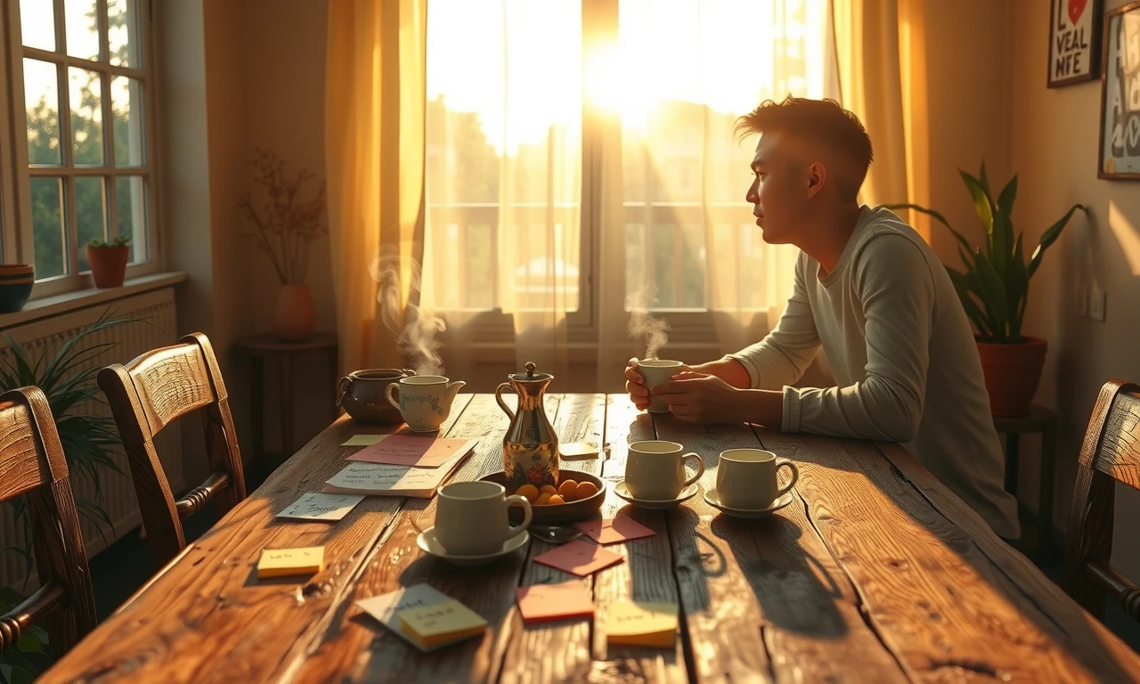 Couple engaged in meaningful weekly conversation with handwritten notes and tea in a cozy, naturally lit space