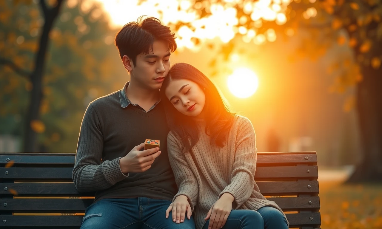 Couple sharing an intimate moment while contemplating their future together during a golden sunset