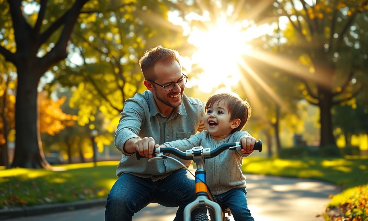 A heartwarming scene capturing the special bond between father and child during a bike riding lesson, symbolizing patience, trust, and shared joy