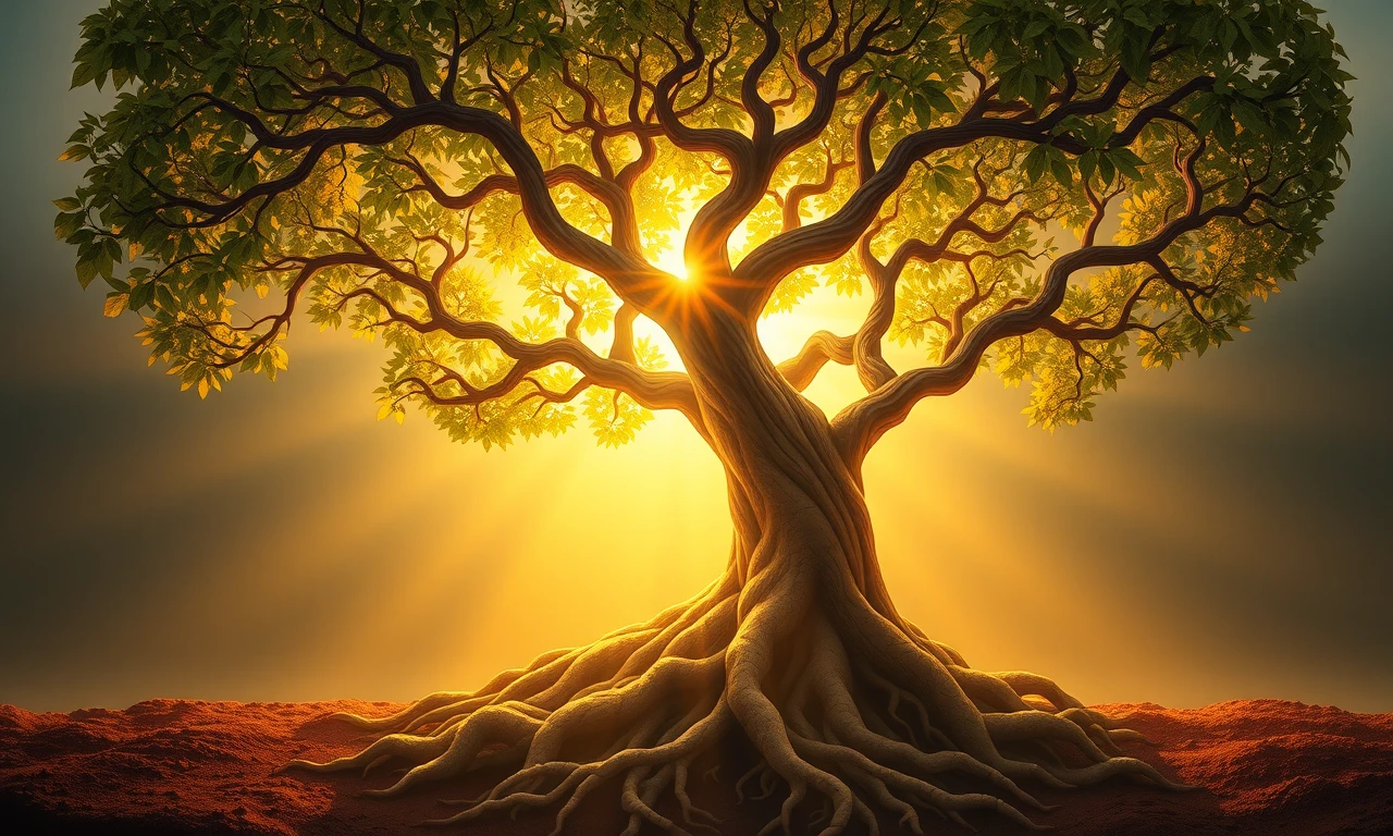 Artistic illustration of an intertwined tree symbolizing relationship growth and strength through challenges, with golden light and interconnected root system representing deep bonds