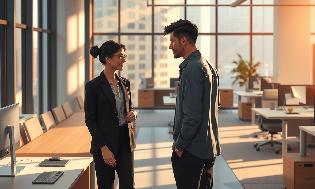 Professional office setting depicting subtle workplace attraction and chemistry between colleagues