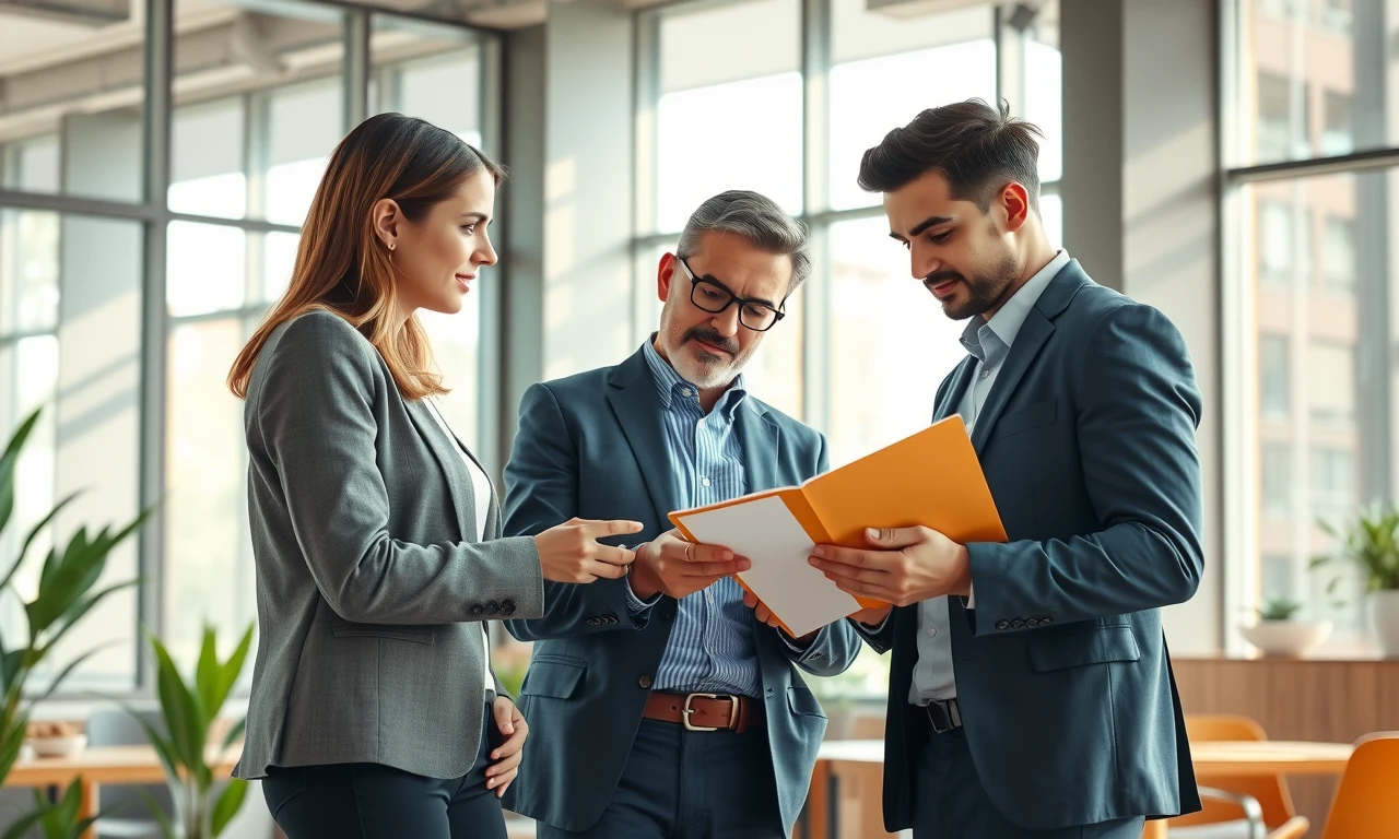 Successful professional couple sharing valuable mentorship insights with colleagues in modern collaborative workspace