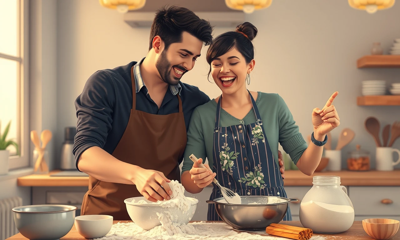 Couple laughing while cooking, showcasing joy and playfulness in relationships