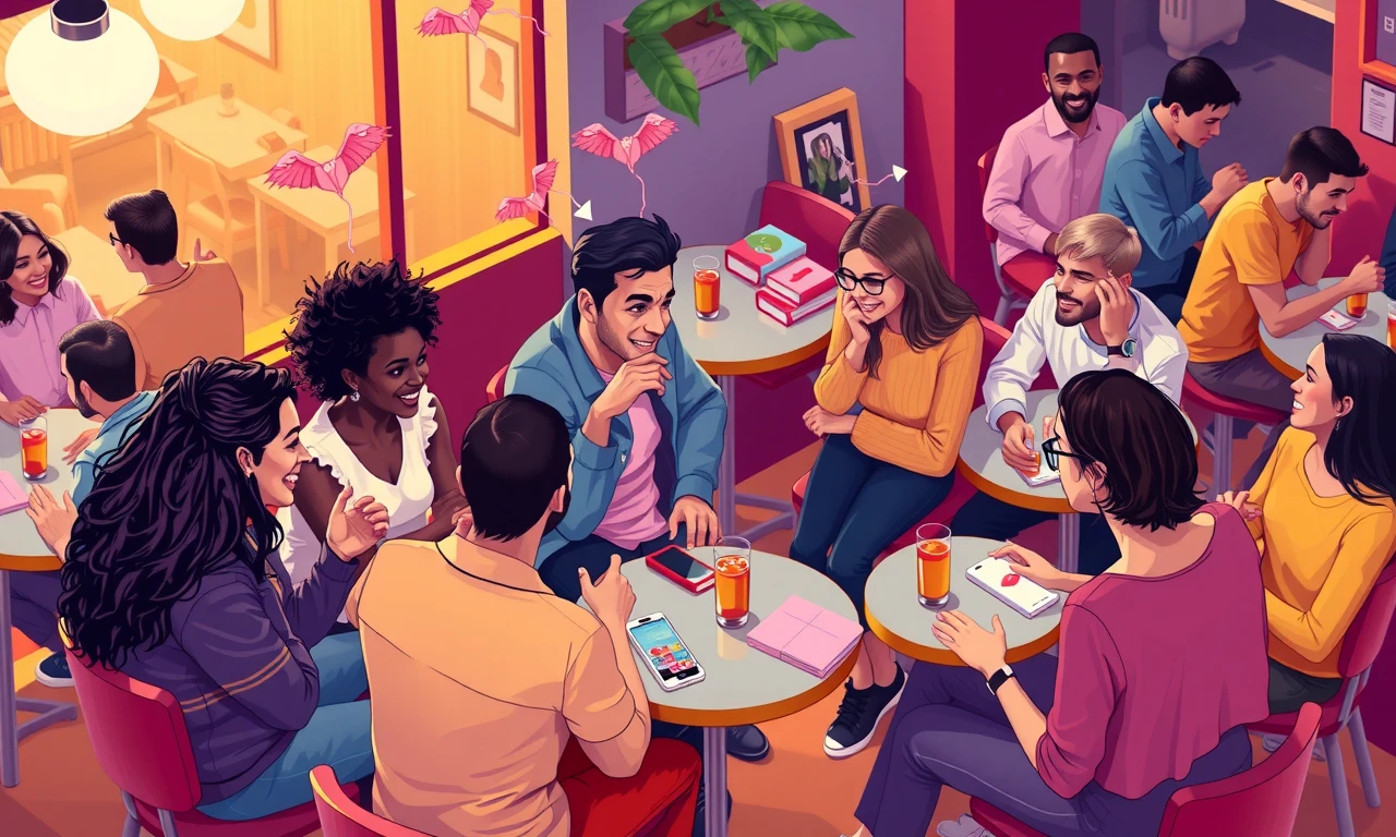 Stylized illustration of a dynamic speed dating event with diverse participants connecting