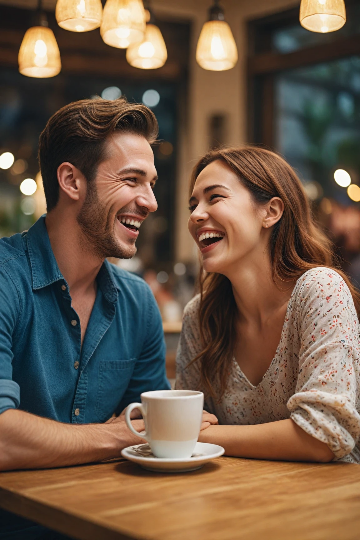 Couple enjoying a genuine moment of laughter and connection during a first date at a café