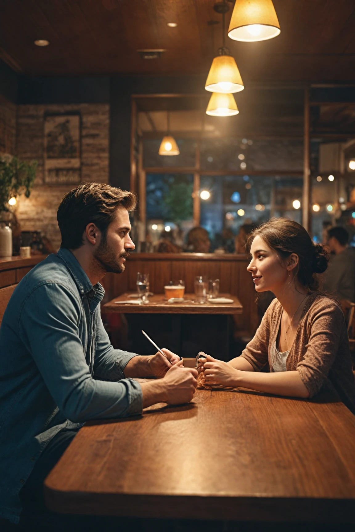 Couple displaying genuine connection through body language during conversation