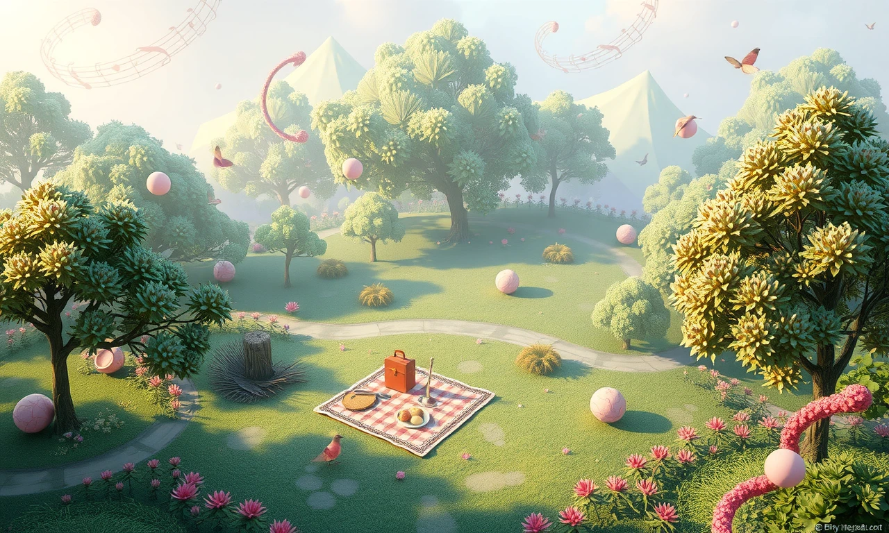 Surreal illustration of a romantic park picnic with floating picnic elements and swirling nature motifs