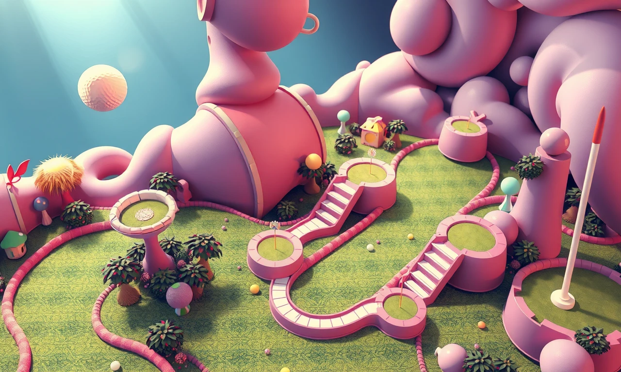 Surreal mini-golf course illustration with whimsical obstacles and vibrant colors