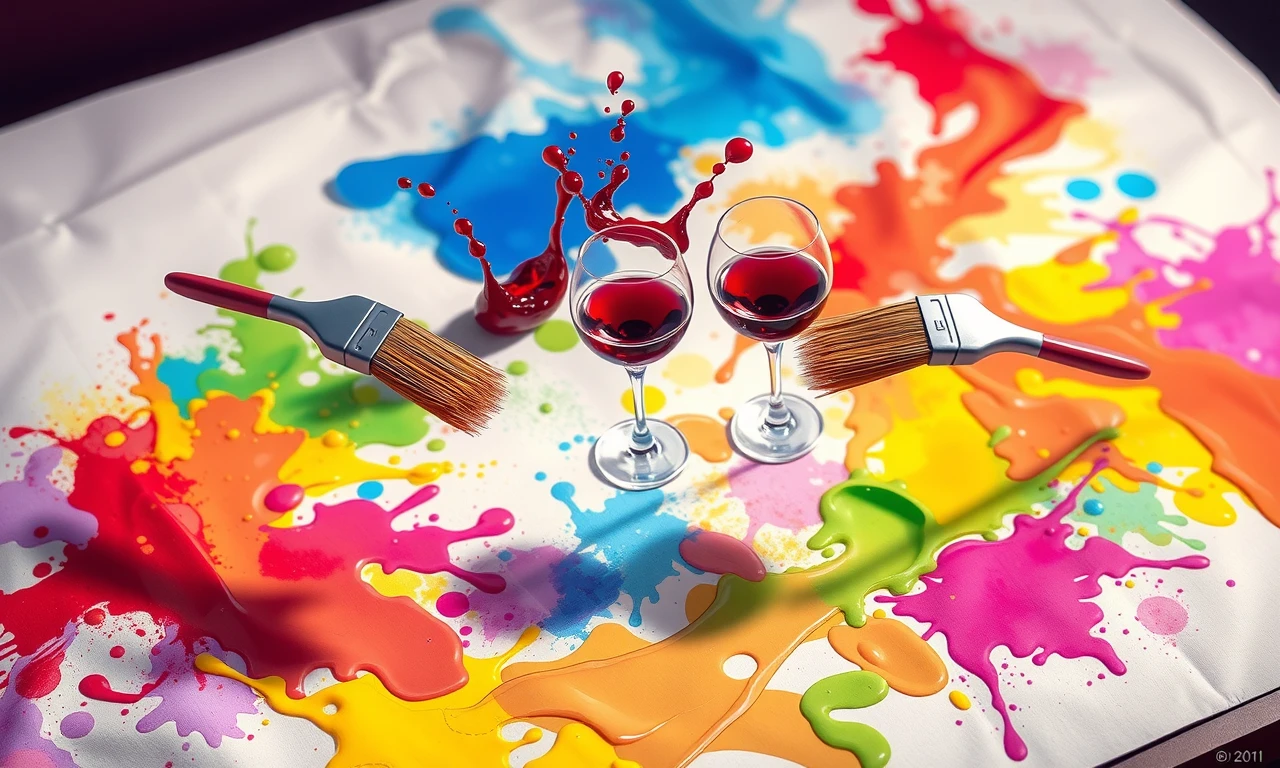 Surreal illustration of paint brushes and wine glasses creating a colorful masterpiece on a first date