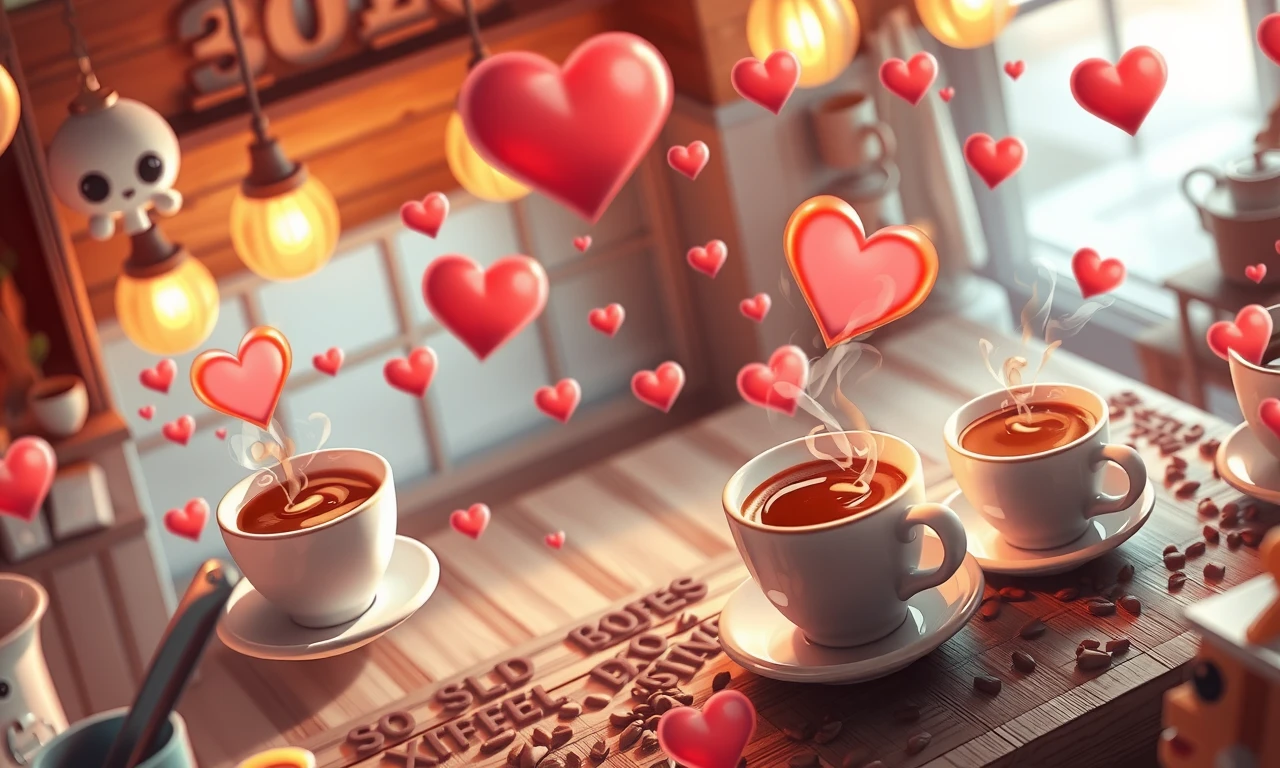 Surreal illustration of a coffee shop adventure with floating cups and heart-shaped steam