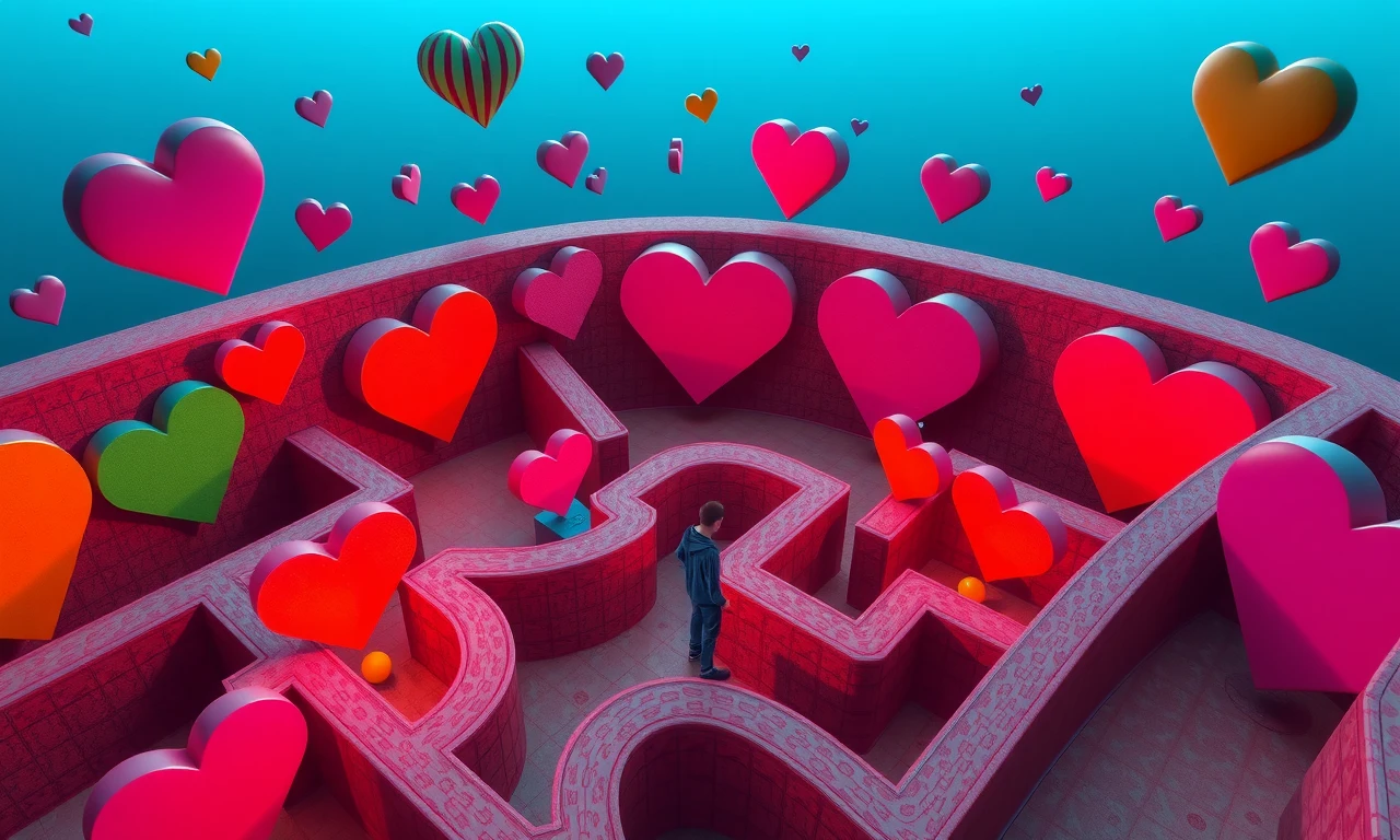 Surreal illustration of a person navigating a heart-shaped maze with emotional obstacles, symbolizing dating challenges and self-reflection