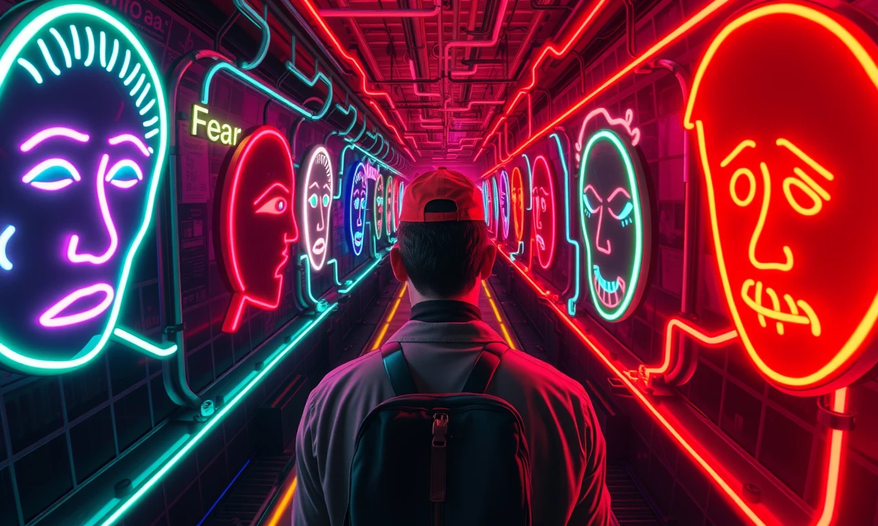 Surreal illustration of a person navigating a maze of dating anxieties represented by neon emotions