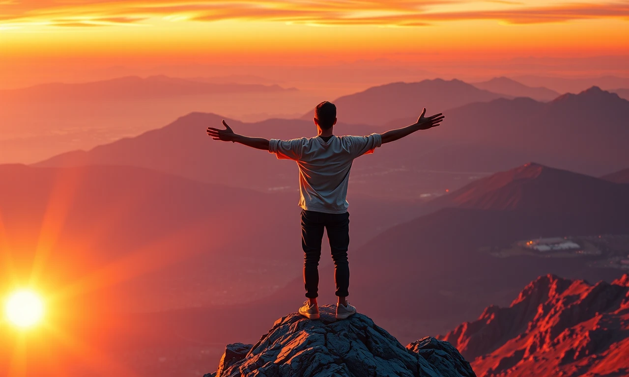 Person embracing personal growth and self-discovery on a mountain peak at sunset