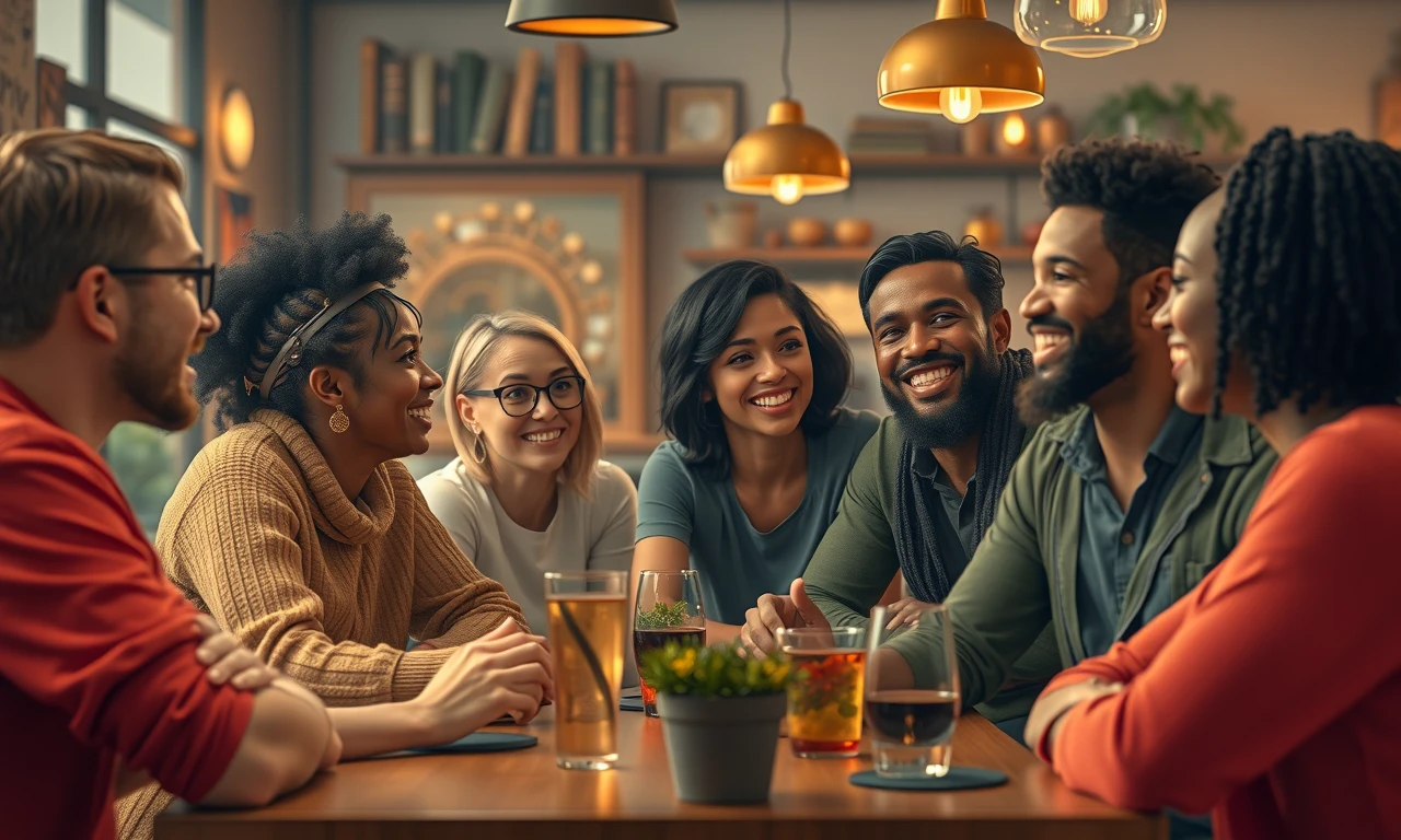 Diverse group of friends enjoying conversation in a café, representing strong social connections