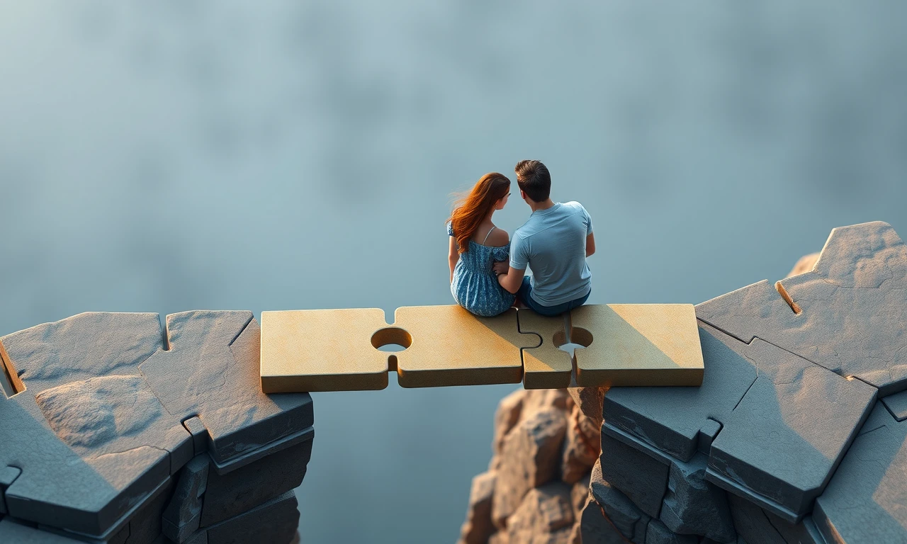 Surreal illustration of a couple collaboratively problem-solving on a puzzle bridge, symbolizing relationship issue resolution