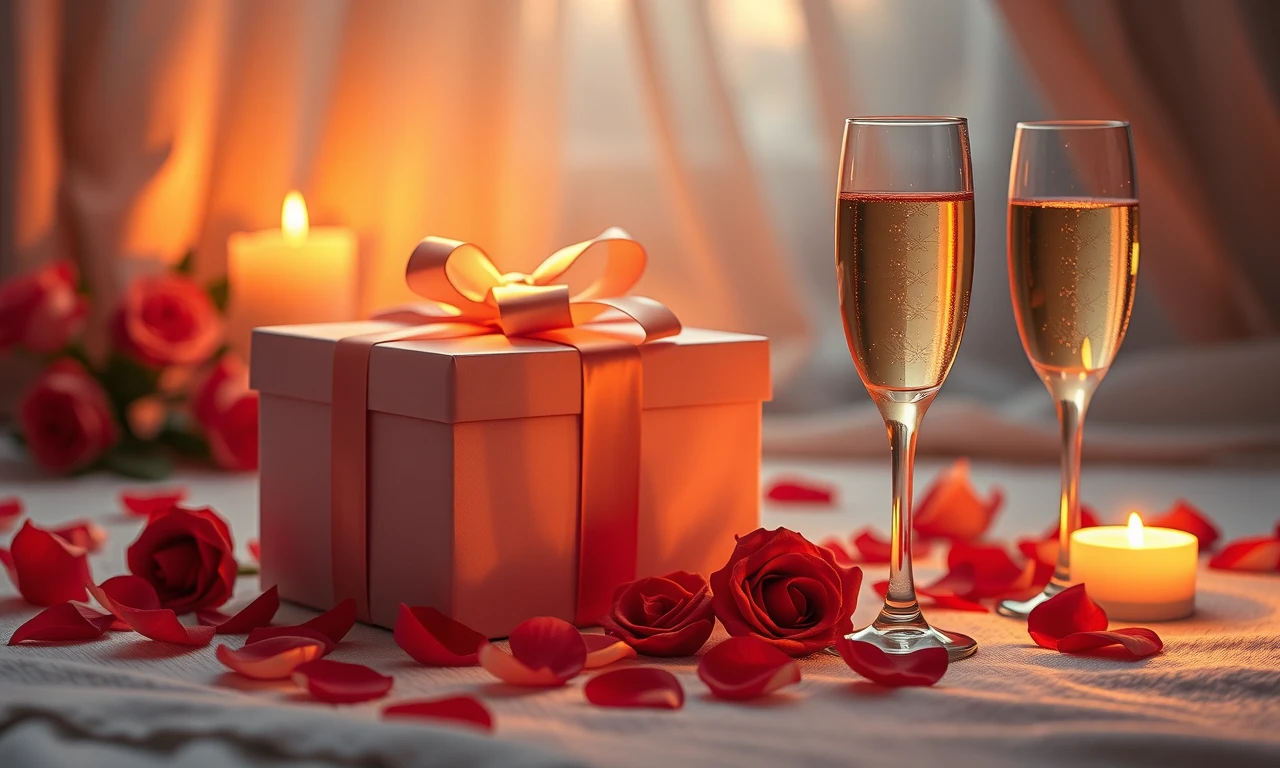 Romantic setting with intimate gift, candlelight, and champagne