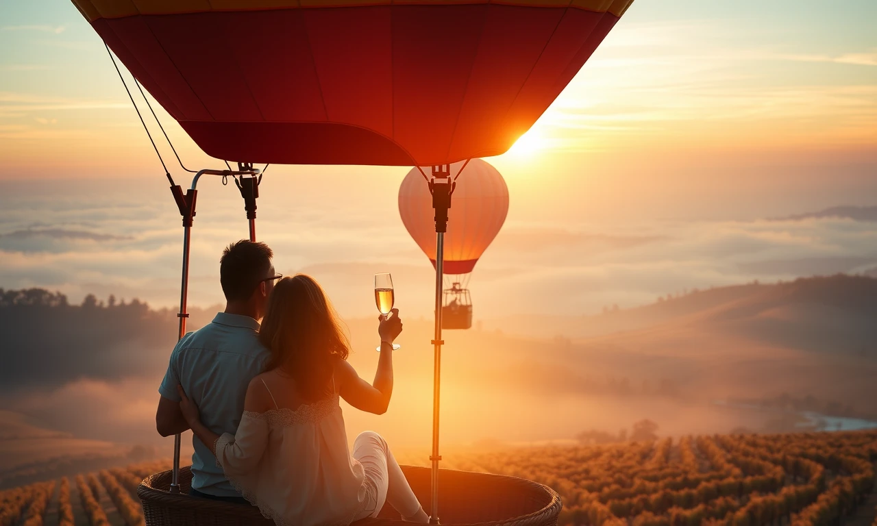 Couple on romantic hot air balloon ride at sunrise over vineyards