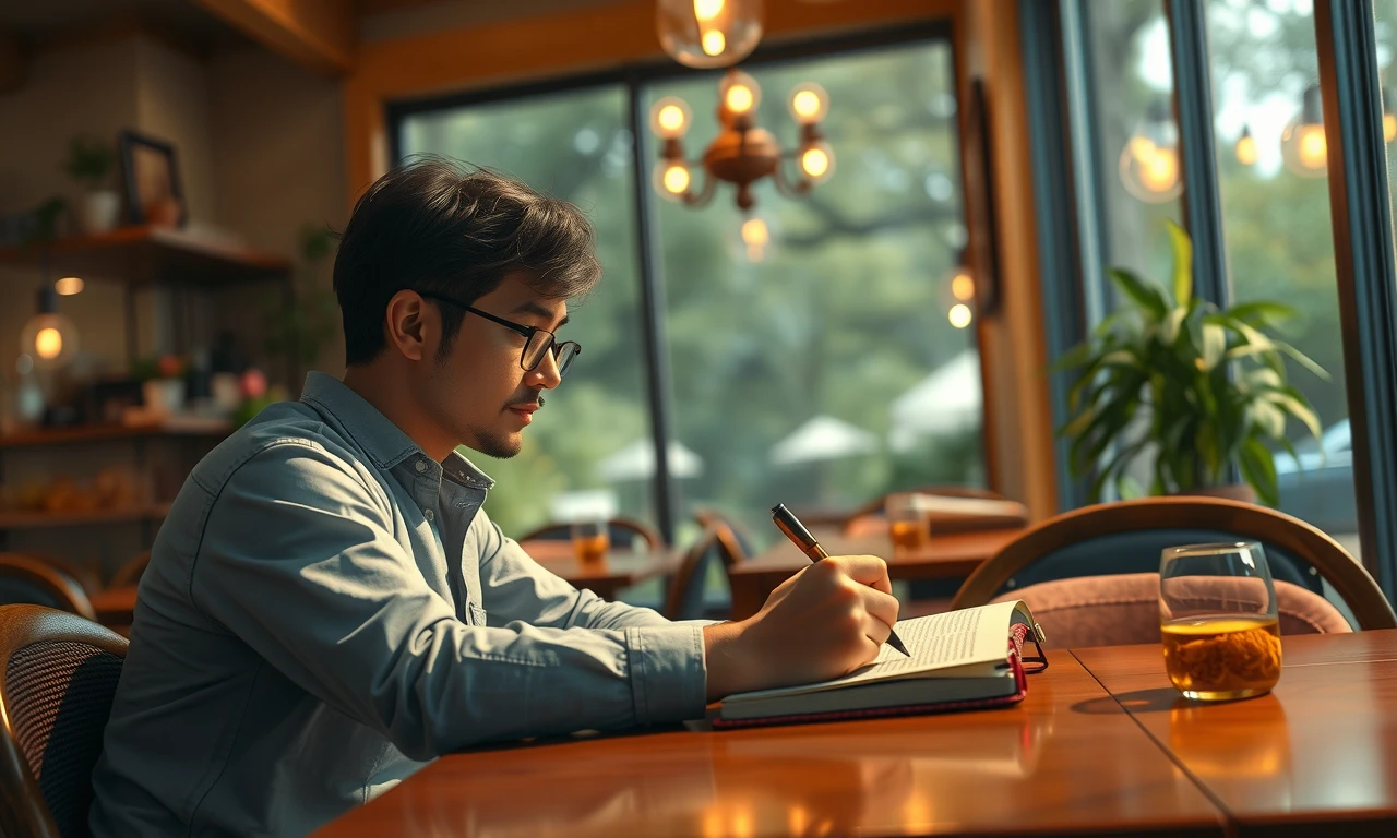 Person preparing for an important conversation in a peaceful café setting