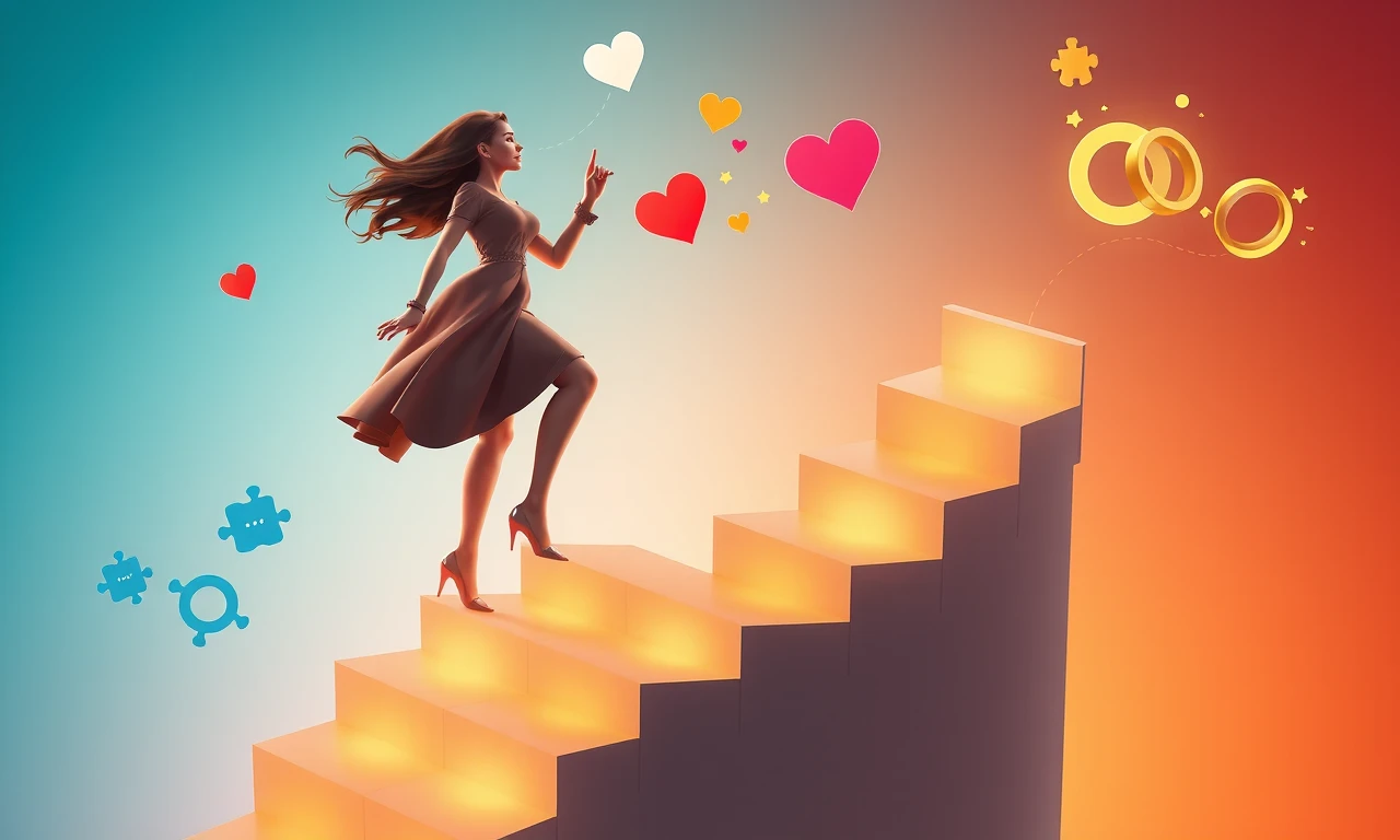 Surreal illustration of a woman ascending a glowing puzzle staircase, surrounded by relationship symbols, representing the journey to inspiring commitment