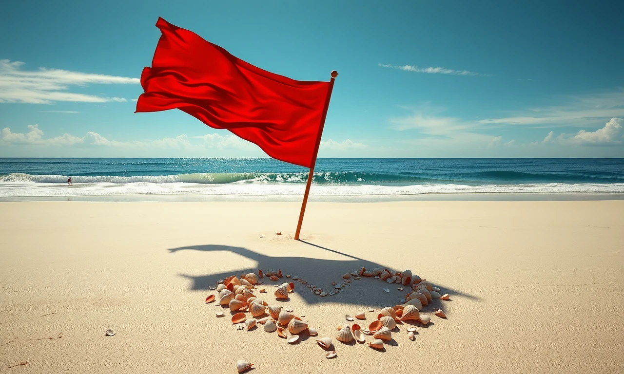 Symbolic red flag on a beach with broken heart seashells, representing relationship warning signs