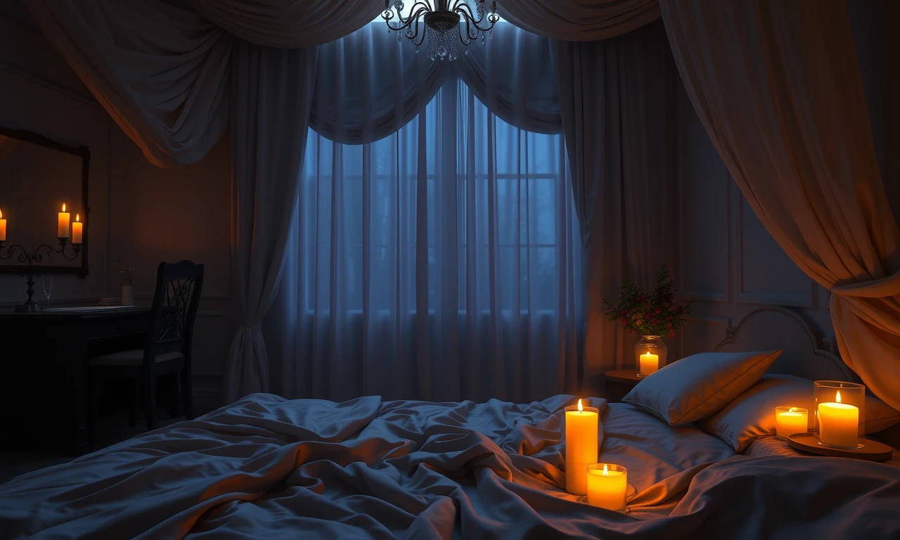 Romantic room setting with soft lighting and sensual ambiance