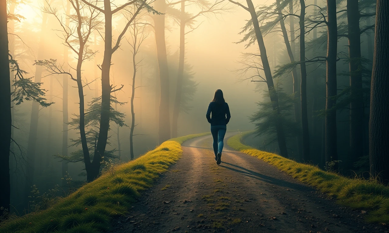 Surreal illustration of a couple walking hand in hand on a winding path through a misty forest, representing the journey of love and patience