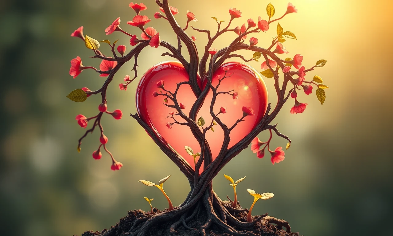 Surreal illustration of relationship growth and potential, with intertwining branches forming a heart