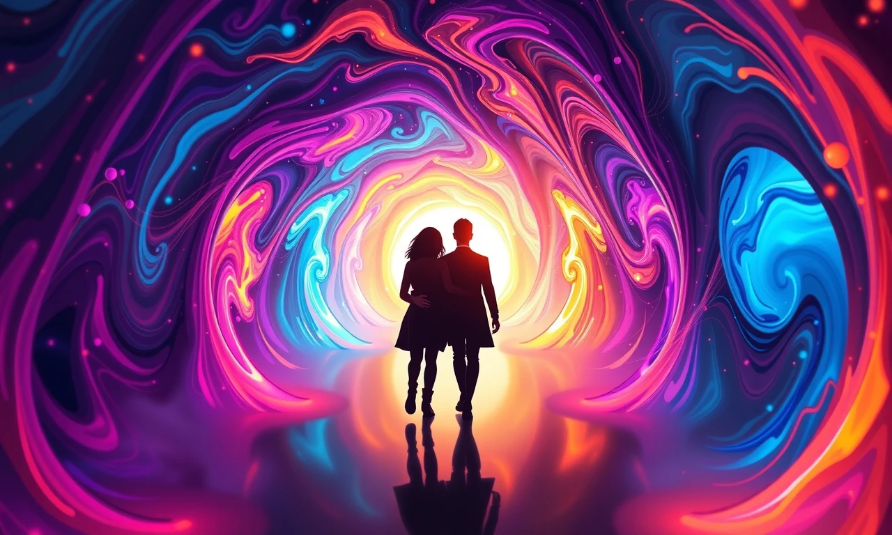 Surreal illustration of couple journeying through symbolic relationship stages