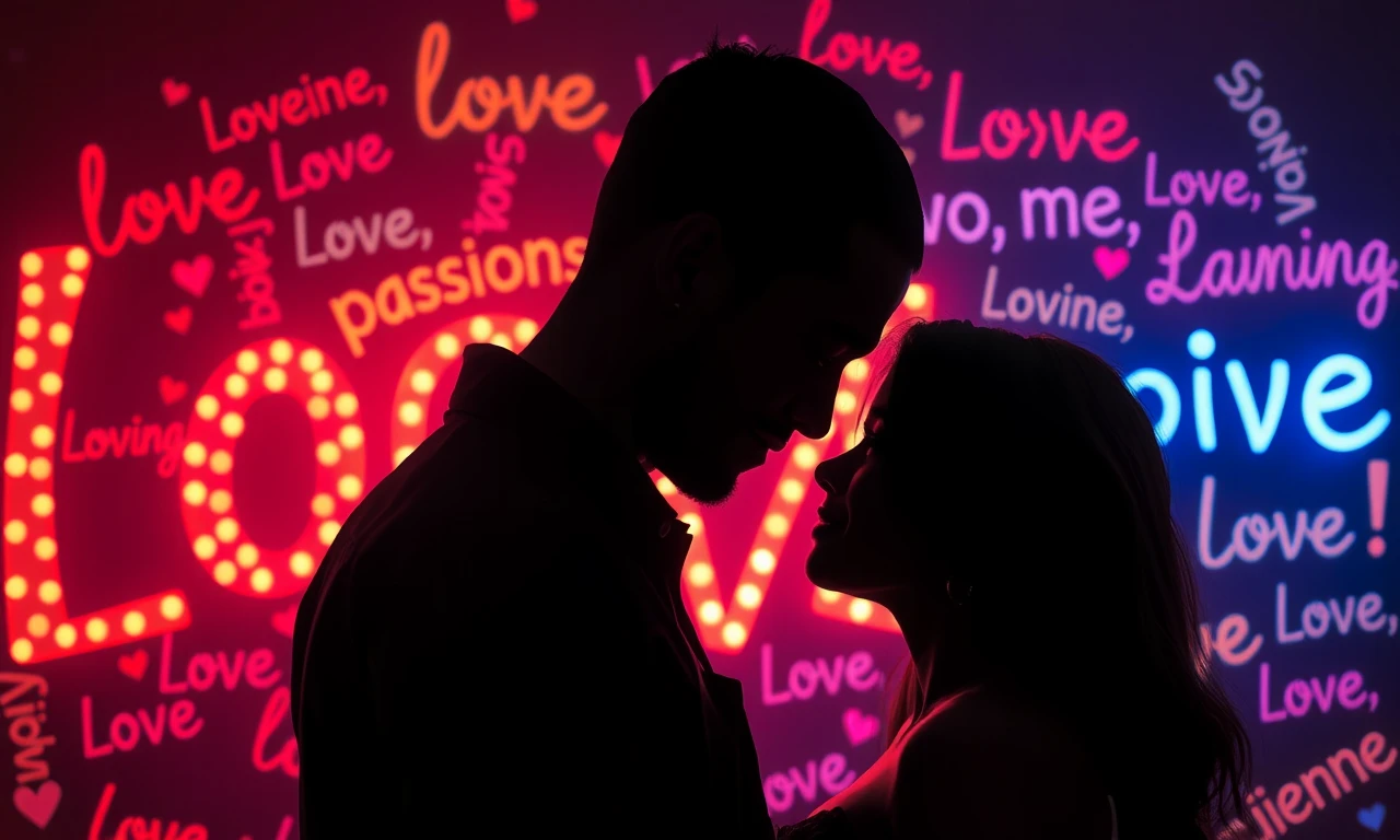 Abstract illustration of a couple surrounded by glowing words of love and passion